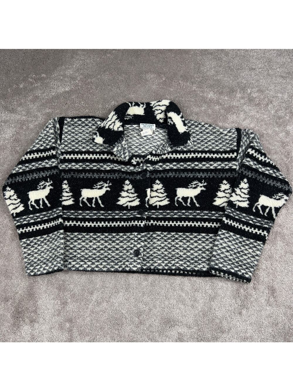 Montana Blues Size L Black White Elk Fair Isle Cropped Cardigan Sweater 90s